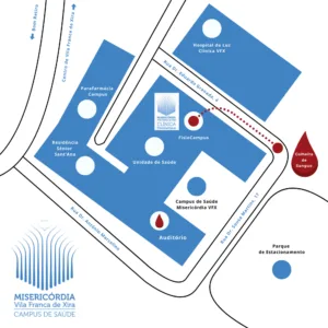 Localização da Colheita de Sangue no Campus de Saúde MVFX Mapa do local da Colheita de Sangue na Clínica FisioCampus, no Campus de Saúde da MVFX